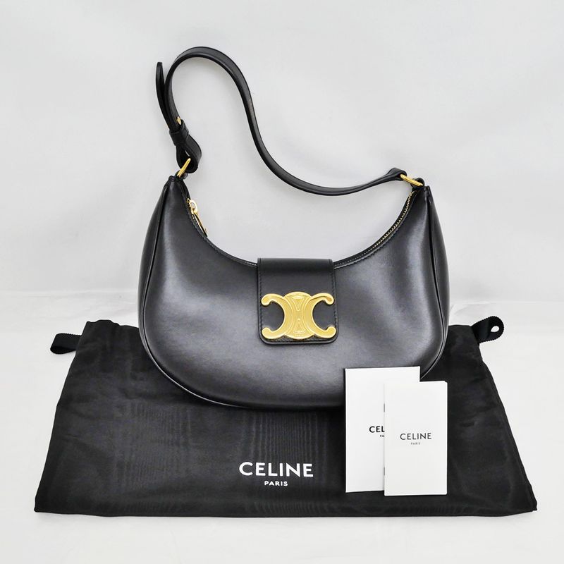 Celine Ava Medium Triomphe Shoulder Bag Black Gold Hardware Shoulder