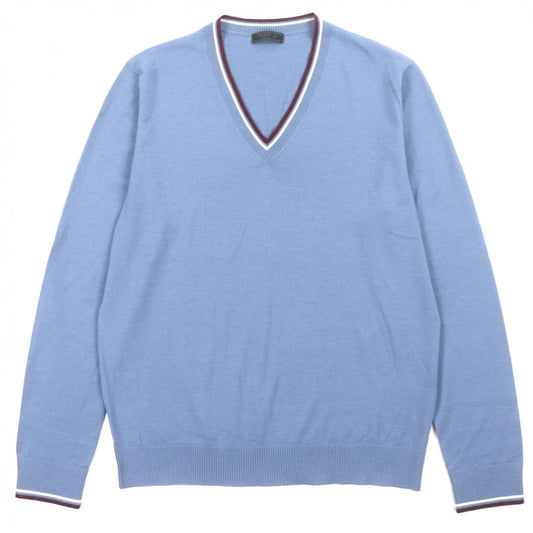 Prada Wool Silk Neck Line Design Lightweight High Gee Knit Sweater Blue