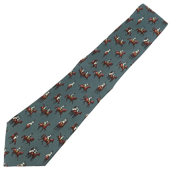 Hermes Tie with Equestrian Pattern 9cm (3.54in) Silk Green and Multicolor Green