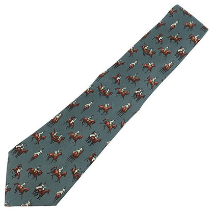 Hermes Tie with Equestrian Pattern 9cm (3.54in) Silk Green and Multicolor Green