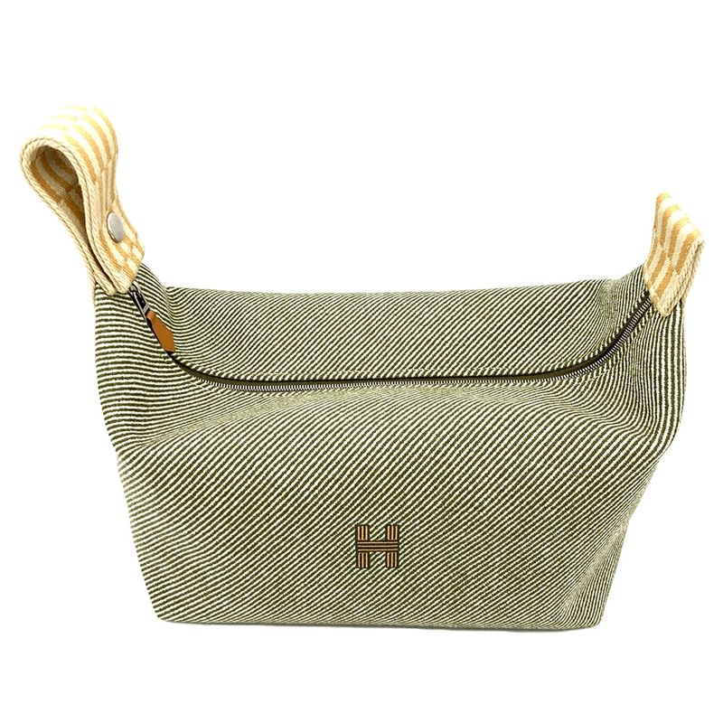 Hermes Brid A Black GM Pouch Wool Cotton Green Handbag For Bath Women