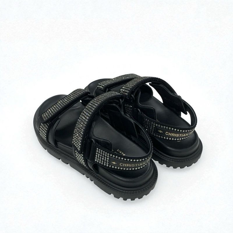 Christian Dior Sandals Shoes Lambskin Black Logo Rhinestone Velcro Strap Sports