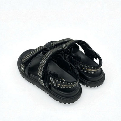 Christian Dior Sandals Shoes Lambskin Black Logo Rhinestone Velcro Strap Sports