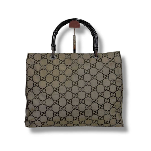 Gucci Tote Bag Bamboo Line GG Pattern Gray Black Nylon Canvas