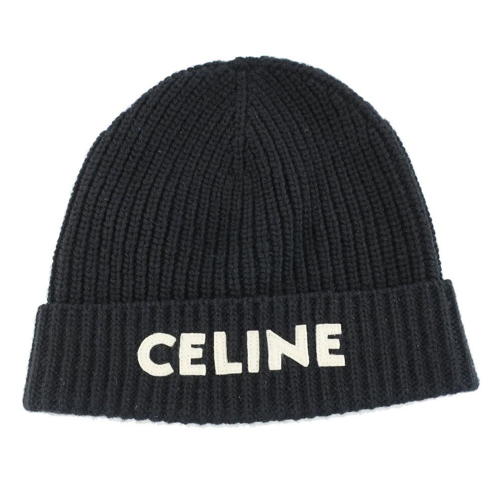 Celine Knit Cap Listed TU Black Logo Patch Beanie