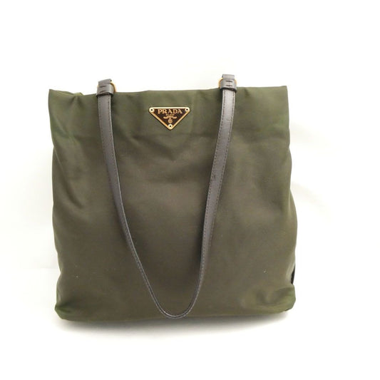 Prada Tessuto Tote Nylon Leather Shoulder Handbag Khaki Green