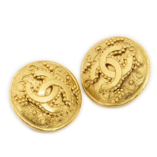 Chanel CC Logo Round Clip Type Earrings Gold Plated