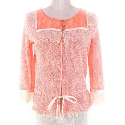 CHANEL P38256 Coco Mark Button Ribbon Belt Full Lace Cardigan Bolero Salmon