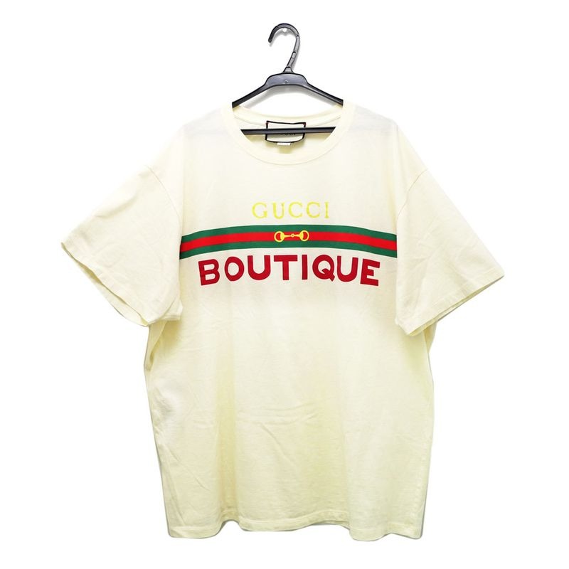 Gucci Webline Logo Print T-Shirt XL Size Cream Color Cotton