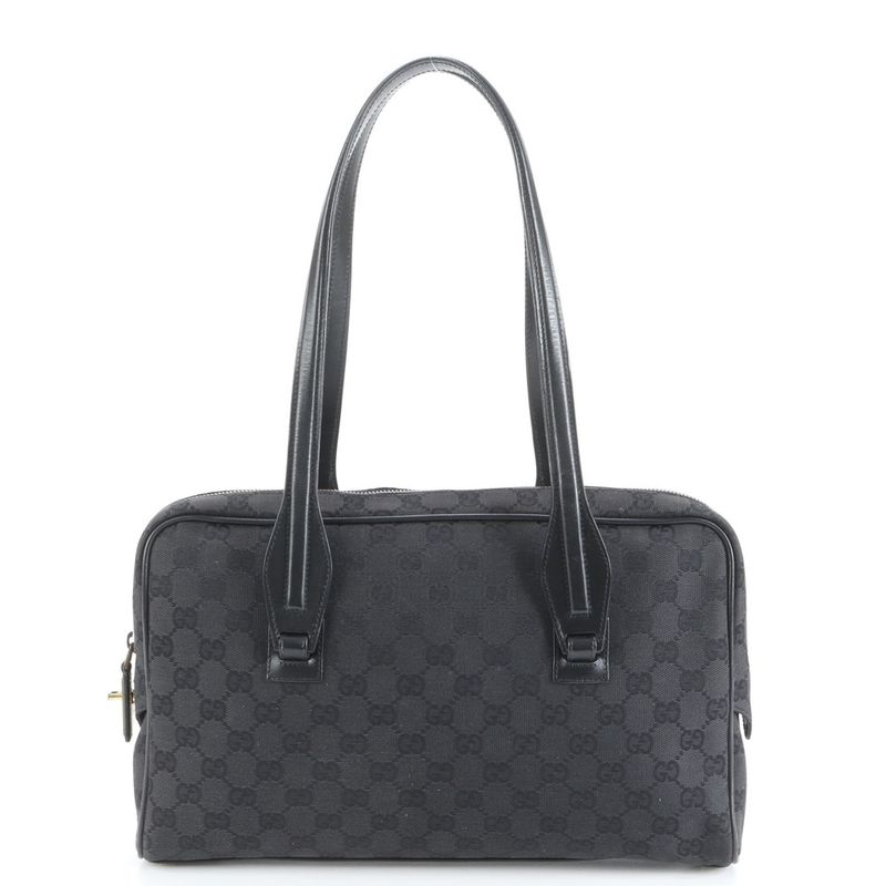 Gucci GG Canvas 90674 Leather Tote Bag Shoulder Hand Black Gold Hardware