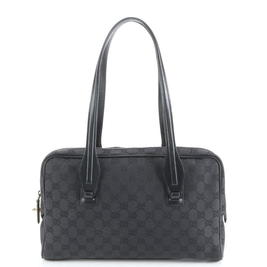 Gucci GG Canvas 90674 Leather Tote Bag Shoulder Hand Black Gold Hardware