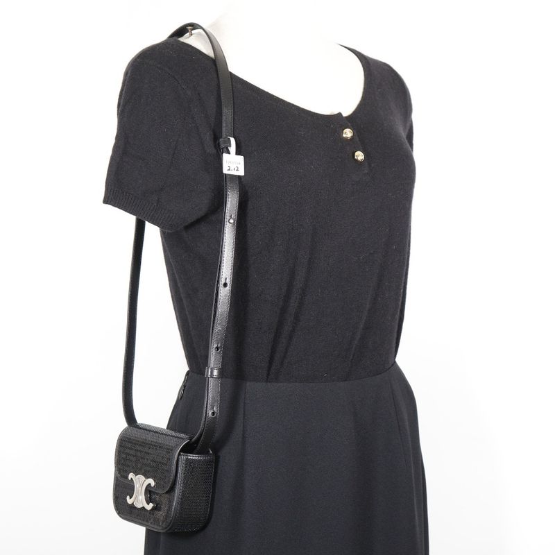 Celine Mini Triomphe 2WAY Clutch Leather X Sequins Black Ladies Shoulder Bag