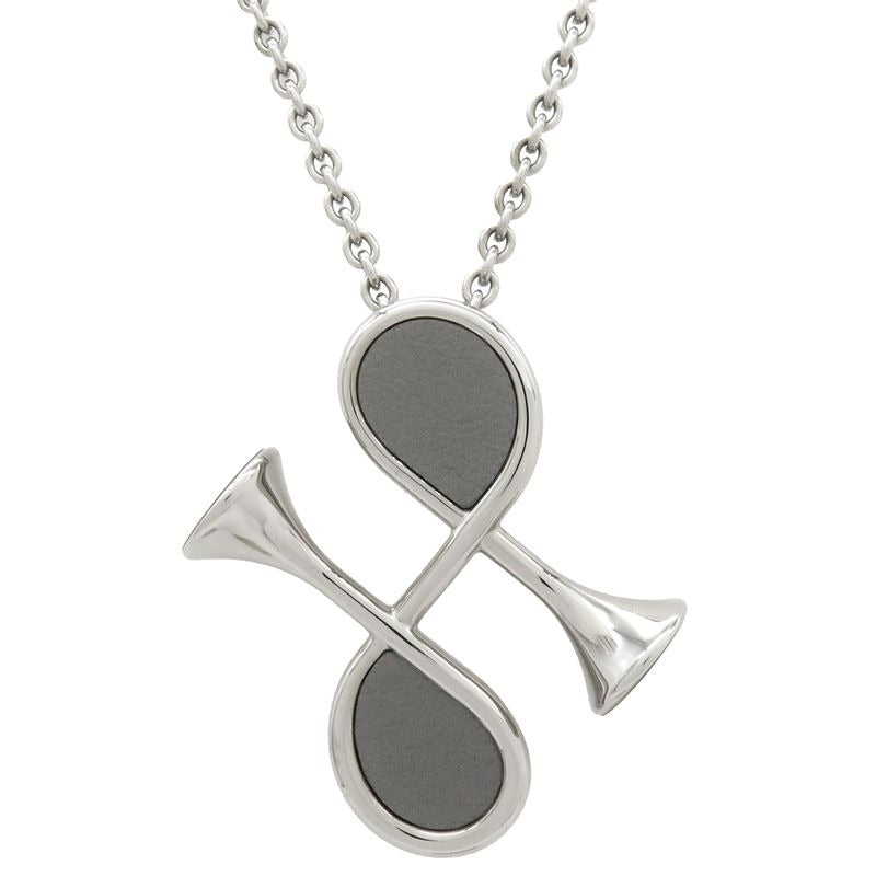 Hermes Necklace Col H Pendant Metal Lacquer Gray and Silver Hardware Horn Motif