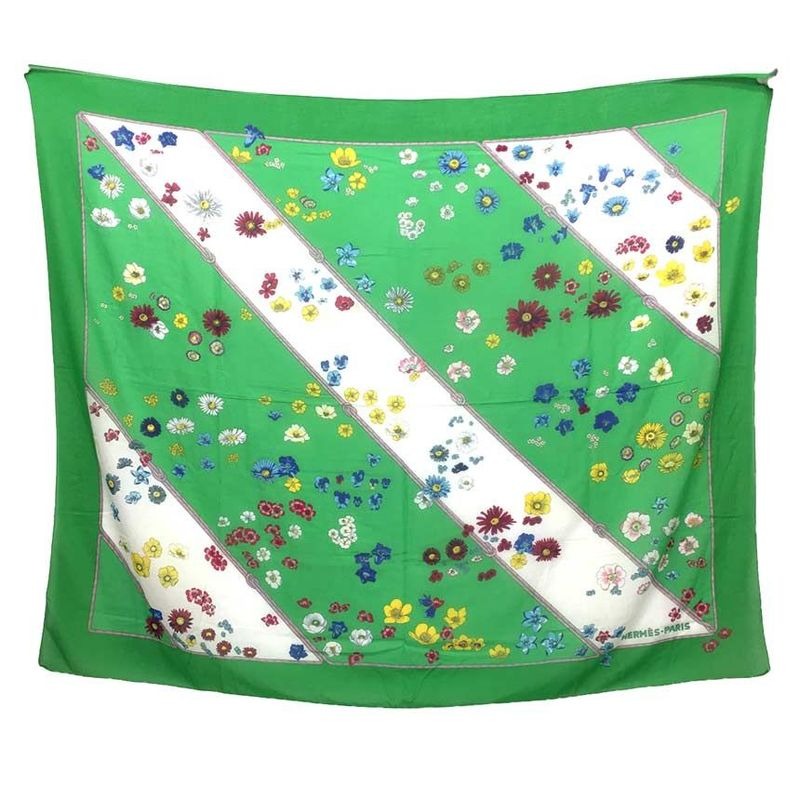 Hermes Cotton Large Shawl Pareo Floral Green Aq3793