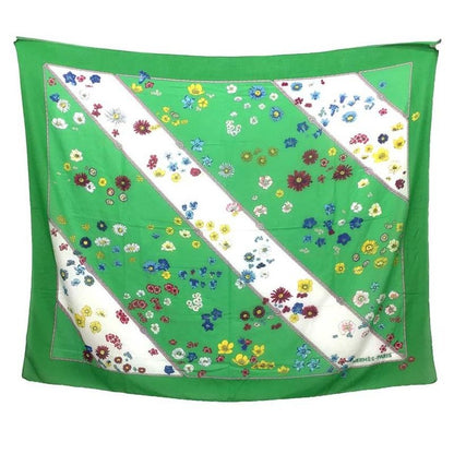 Hermes Cotton Large Shawl Pareo Floral Green Aq3793