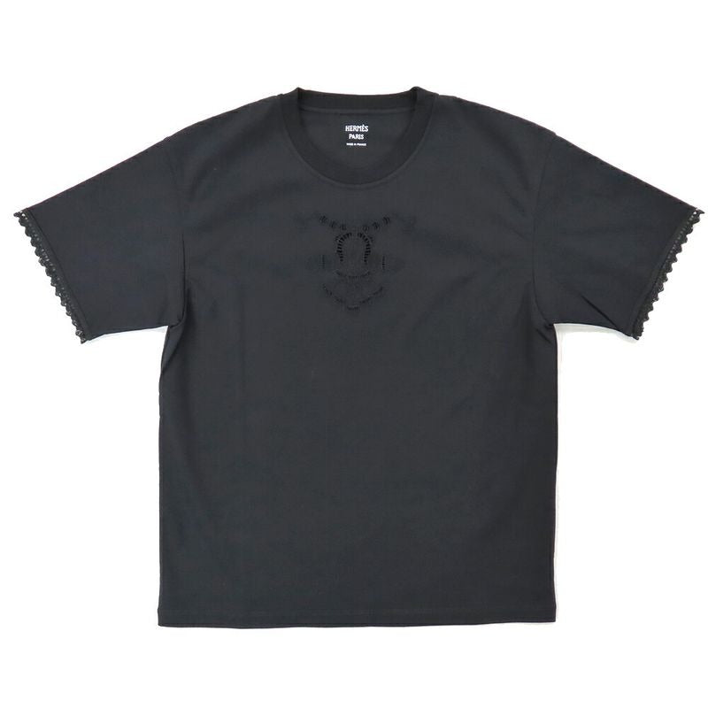 Hermes Short Sleeve T-Shirt Openwork Lace Cotton 5 H4625 dc Black 36
