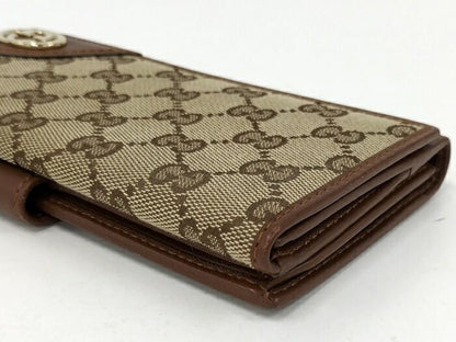 Gucci Trifold Wallet Leather Canvas Beige Brown 181593