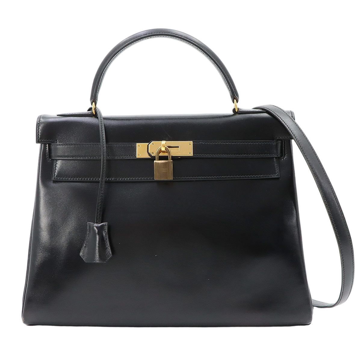 Hermes Kelly 32 Box Calf Black 2-Way Bag Retourne