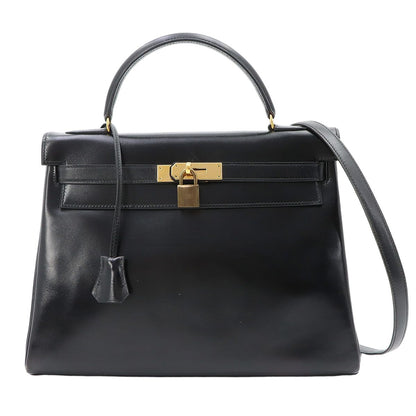 Hermes Kelly 32 Box Calf Black 2-Way Bag Retourne