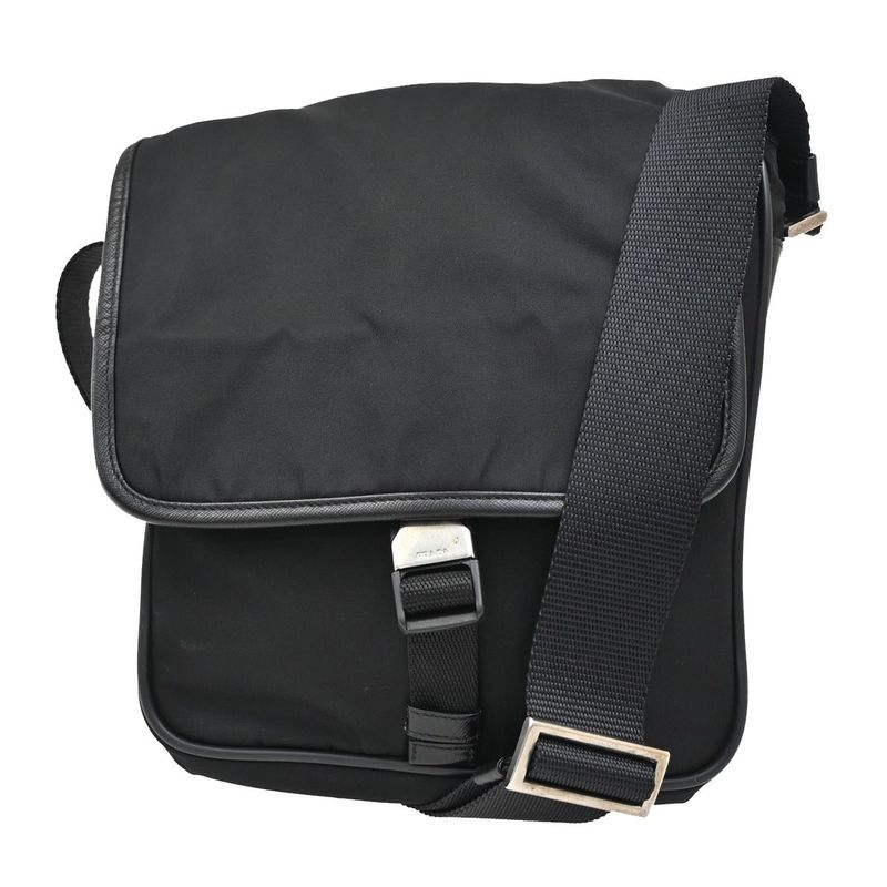 Prada Shoulder Bag Tessuto Nylon Leather Black Silver 87ka852