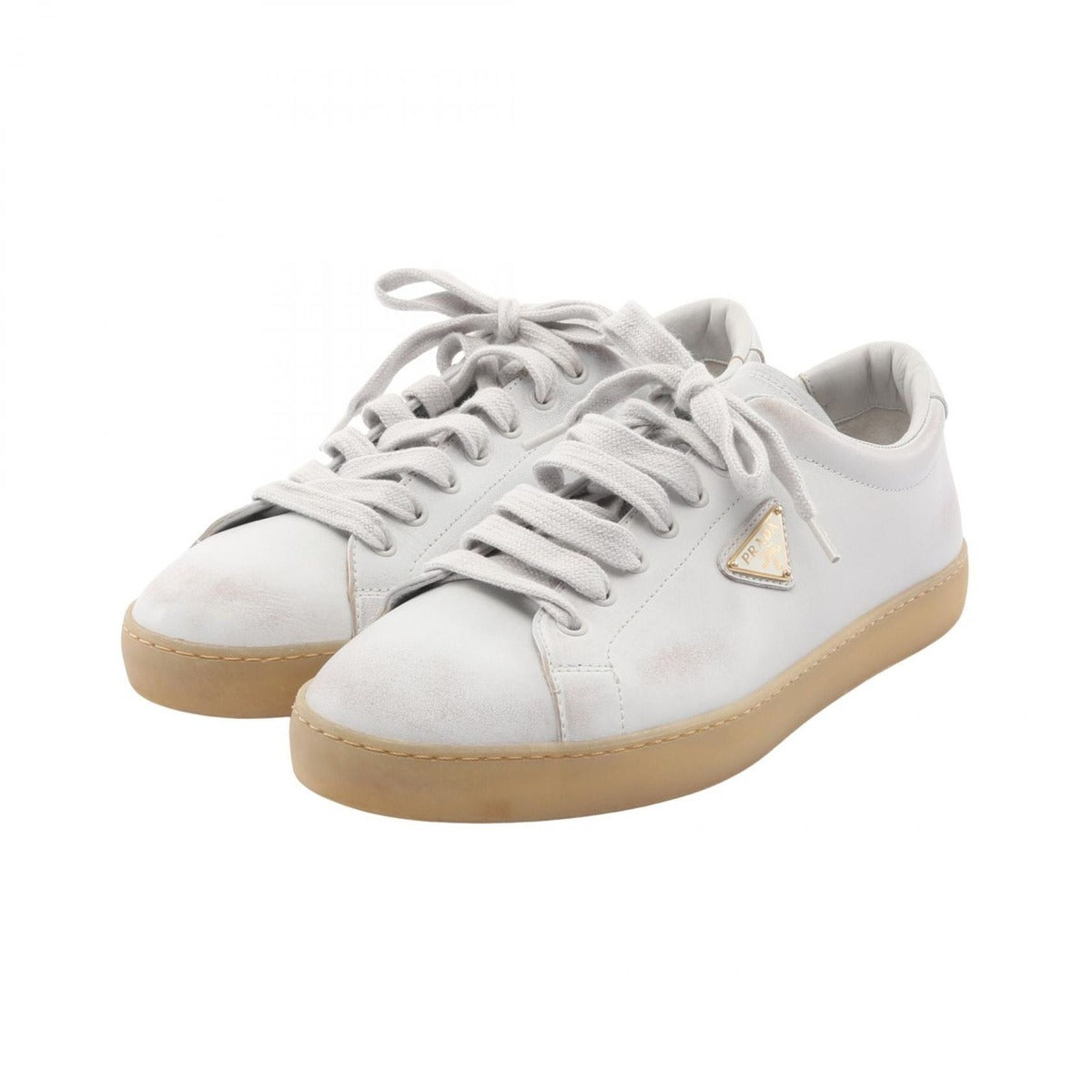 Prada Sneakers Triangle Logo Distressed Processing White Leather