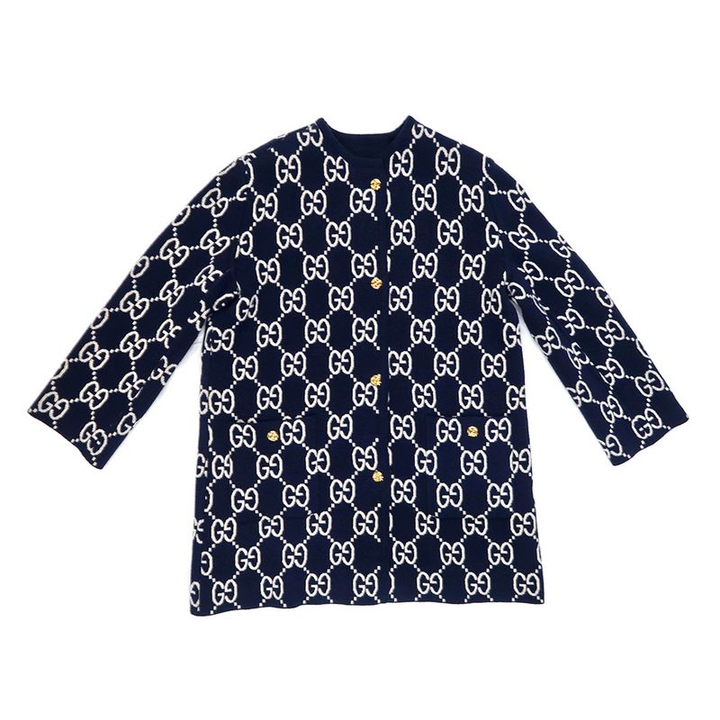 Gucci GG Jacquard Reversible Casual Digan S Navy- 773902 Gold Button