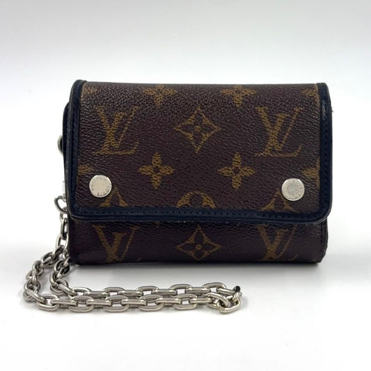 Louis Vuitton Portefeuille Compact Chain Leather X PVC Brown Wallet Silver