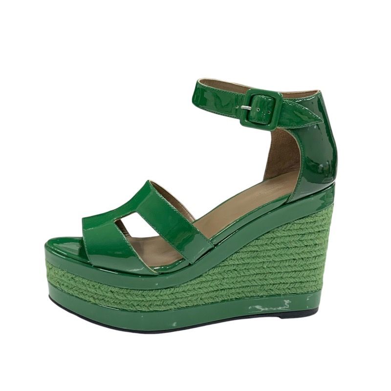 Hermes Ilana Sandals Shoes Patent Green Wedge Sole Espadrilles