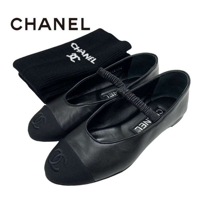 Chanel Flat Shoes Leather Fabric Black Mary Jane Coco Mark Ballet