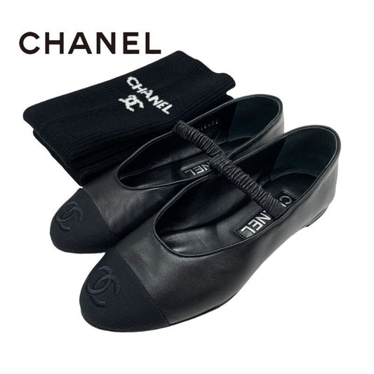 Chanel Flat Shoes Leather Fabric Black Mary Jane Coco Mark Ballet