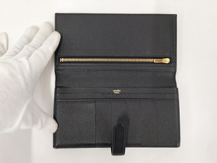 Hermes Bearn Souffle Folding Long Wallet Vaux Epson Leather Black Stamped D