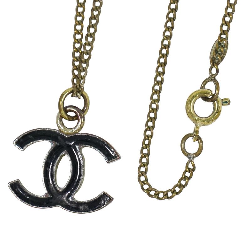 Authentic Chanel Coco Mark Necklace Pendant GP Gold Plated Black Accessories