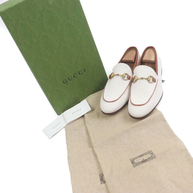 Gucci 430088 Canvas Leather Horsebit Gold Hardware Loafers Ivory Brown 6 With