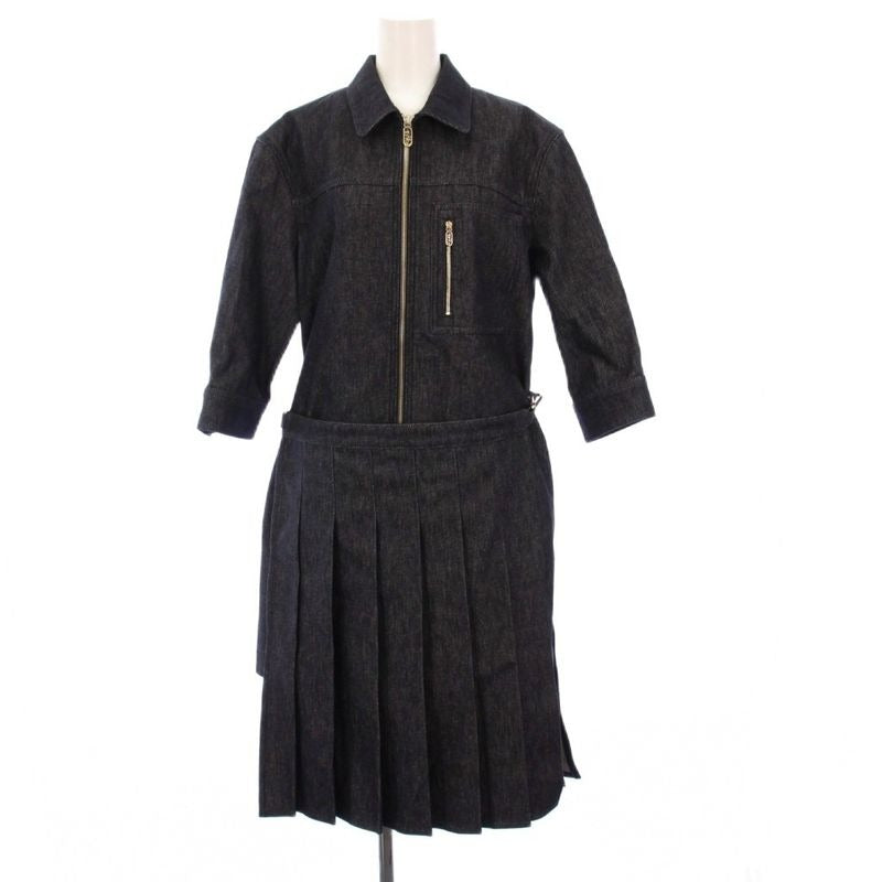 Fendi 23 rd Denim Dress 3/4 Length Sleeves Knee Pleats Cut 42 Navy Blue