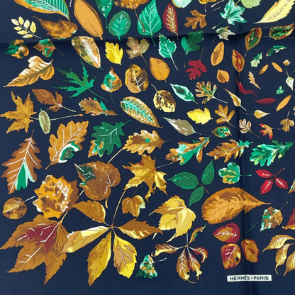 Hermes Scarf Silk Tourbillon Swirl Falling Leaves Leaf Pattern Black