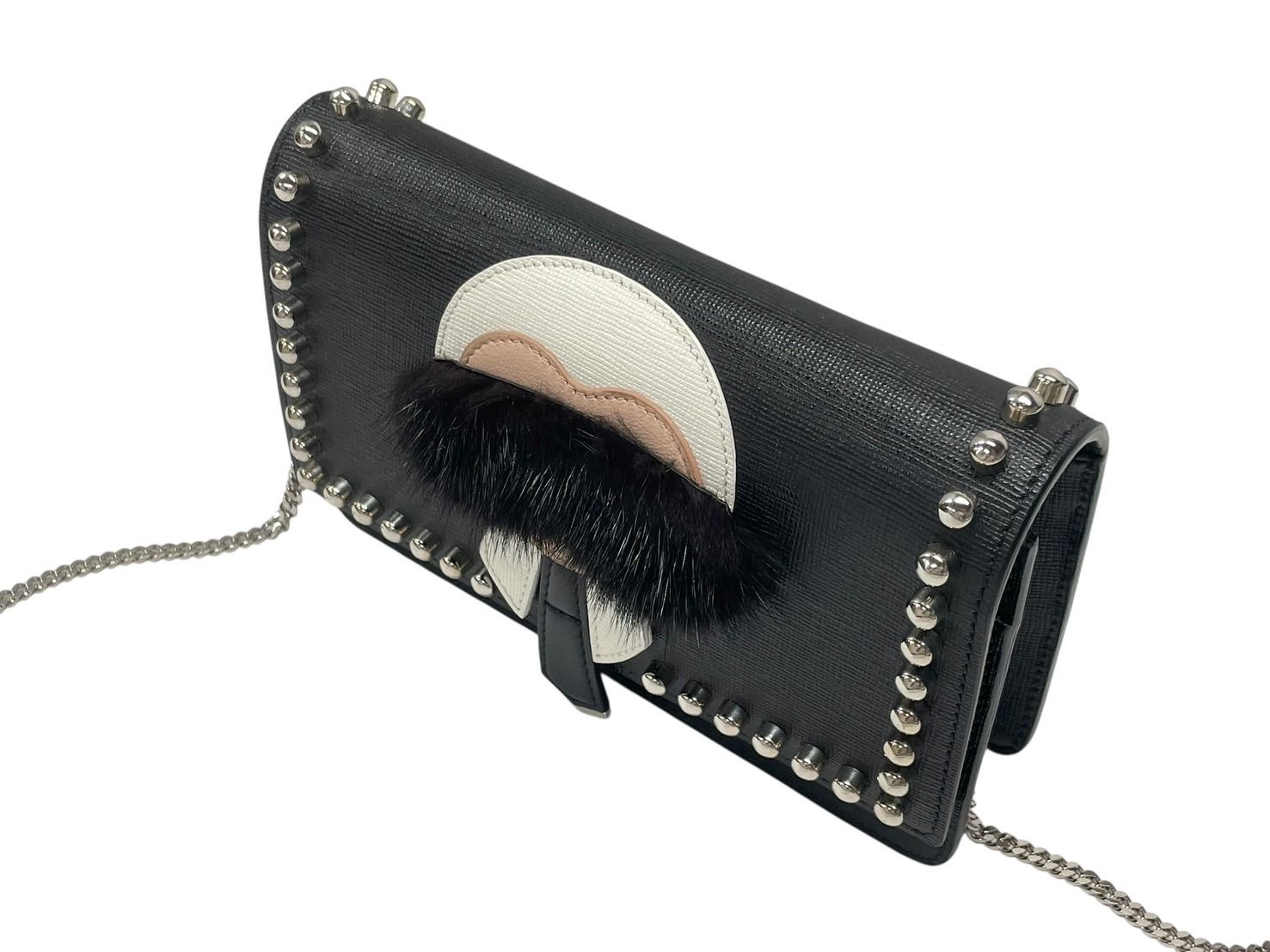 Fendi Shoulder Bag Chain Wallet Karl Lagerfeld Leather Black Silver — view 5