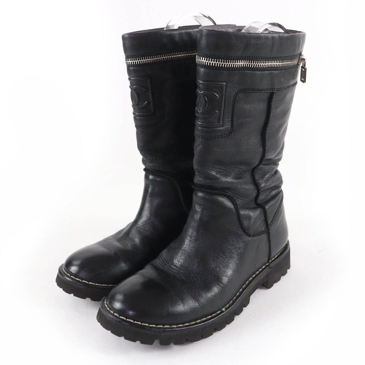 Chanel CC Coco Cocoon Leather Engineer Boots Short Black 37