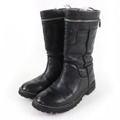Chanel CC Coco Cocoon Leather Engineer Boots Short Black 37