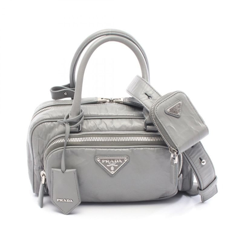 Prada Handbag Gray Leather Triangle Logo 2-Way Shoulder Ladies