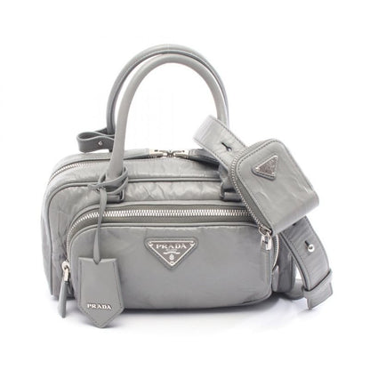 Prada Handbag Gray Leather Triangle Logo 2-Way Shoulder Ladies