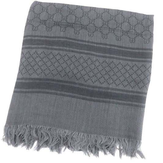 Gucci Wool Silk GG Logo Diamante Checked Fringe Stole Scarf Shawl Gray