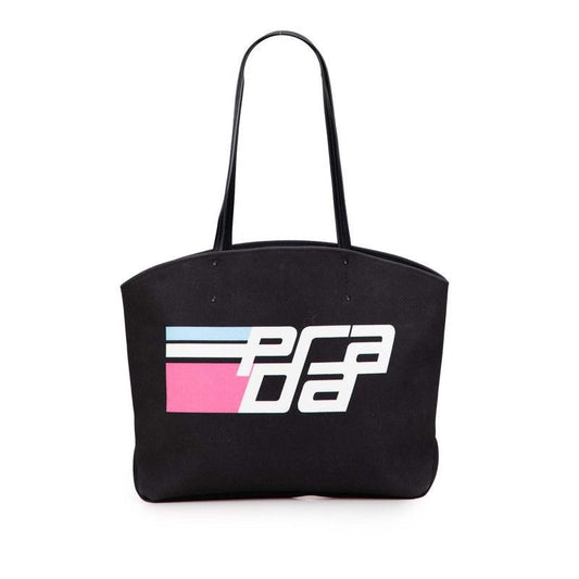 Prada Logo Tote Shoulder Bag Black Canvas Leather