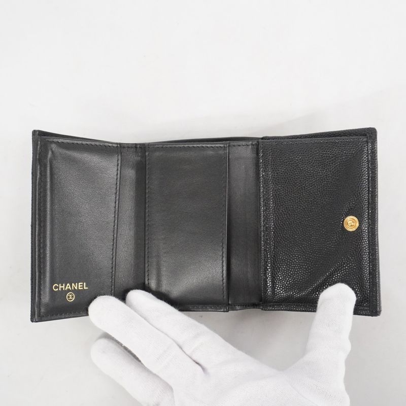 Chanel Trifold Wallet Matelasse Caviar Skin Black Gold Hardware Women