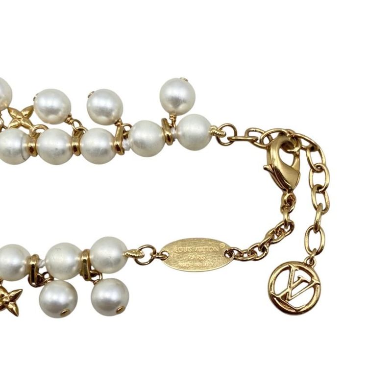 Louis Vuitton Bracelet Pearl River M1685a Monogram Flower LV Logo White Gold