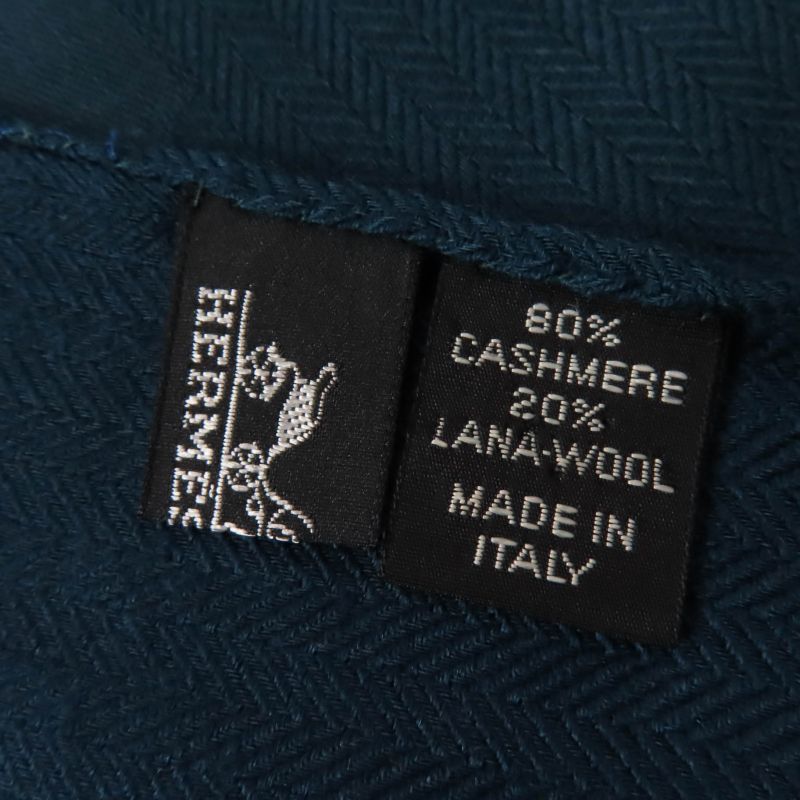 Hermes Cashmere Wool Large Shawl Scarf With Big H Pattern Fringe Dark Green