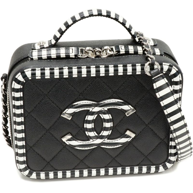 Chanel Chain Shoulder Bag Handbag CC Filigree Caviar Skin Black And White A93342