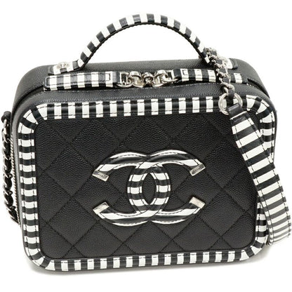 Chanel Chain Shoulder Bag Handbag CC Filigree Caviar Skin Black And White A93342