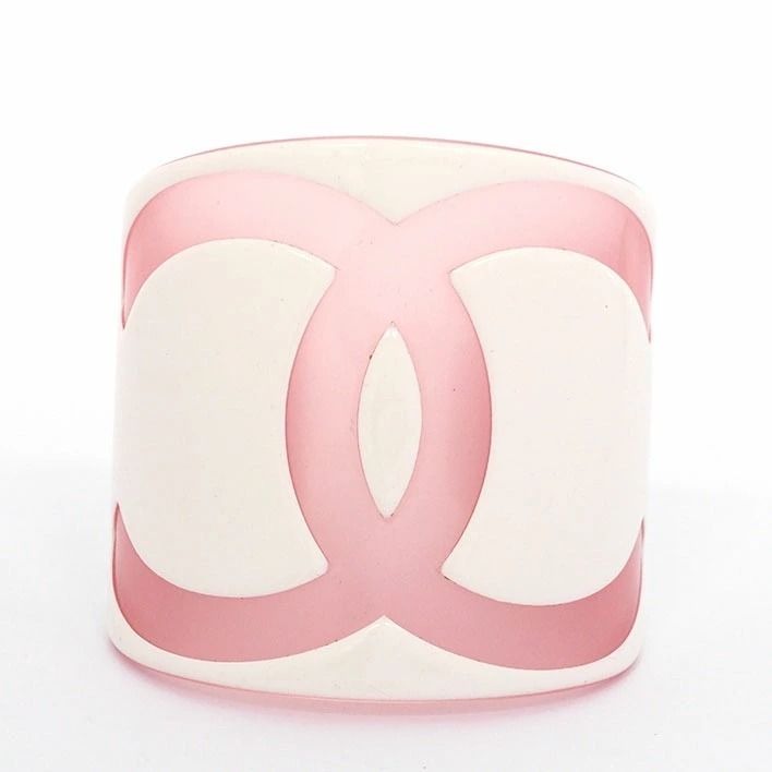 CHANEL CC Logo 01P Vintage Bracelet Cuff Bangle Pink White Wide