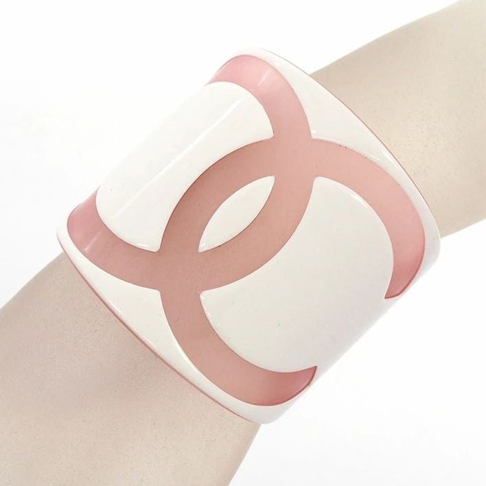 CHANEL CC Logo 01P Vintage Bracelet Cuff Bangle Pink White Wide