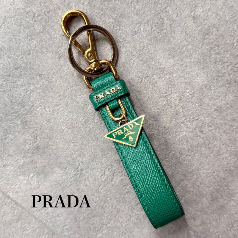 Prada Triangle Logo Plate Key Ring Key Holder Saffiano Leather 1pp142 Green